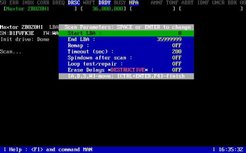 在运行SCAN命令后Mhdd会报告被检测硬盘的型号、固件版本、LBA值等参数