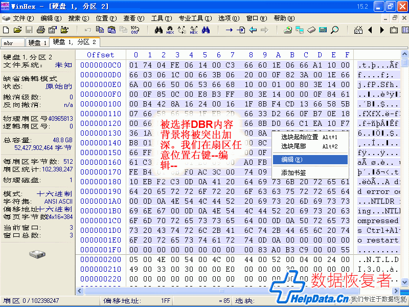 Winhex被选择DBR内容背景将被突出加深